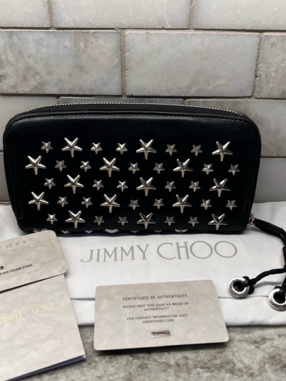 Jimmy Choo Black Leather Star-Studded Zip Wallet with Silver Hardware